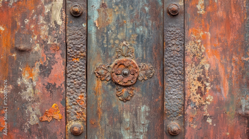 Poster rusty metal texture with oxidized layers and intricate detailing on a weathered iron panel showcasin