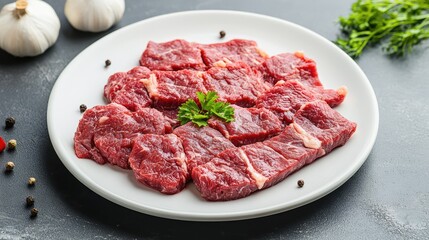 Raw beef slices arranged on a white plate garnished with parsley and surrounded by garlic and peppercorns on a textured surface
