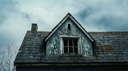 Abandoned house with peeling paint and cloudy sky showcasing dilapidated roof and window illustrating the passage of time and neglect