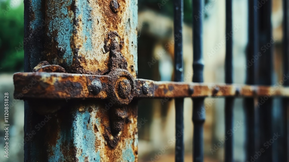 Poster rusty iron gate texture with detailed grunge finish and blurred background highlighting weathered me