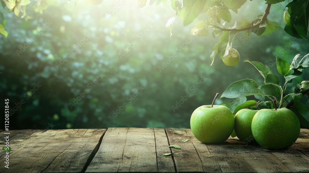Poster Fresh green apples on rustic wooden table with blurred background of foliage and soft sunlight creating a serene natural atmosphere