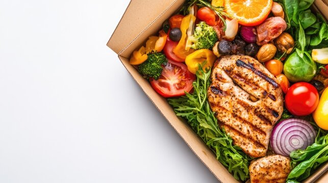 Healthy meal delivery box featuring grilled chicken and fresh vegetables for weight loss and nutrition focused diets on white background