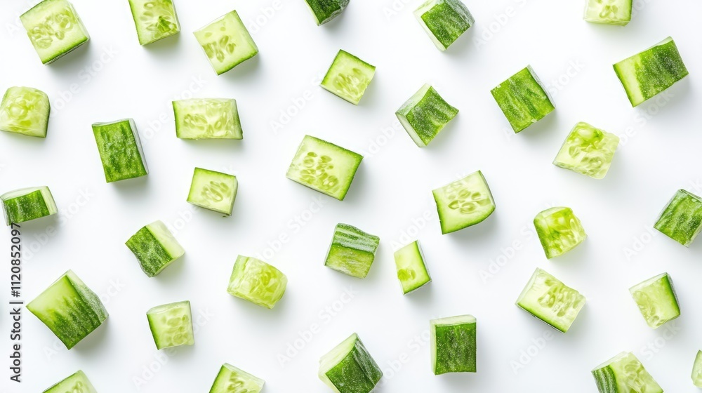 Poster fresh cucumber cubes scattered on a clean white background highlighting vibrant green tones and natu