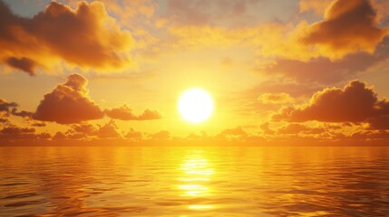 Fototapeta premium Sunset over tranquil sea with golden sunlight reflecting on water and vibrant clouds creating a serene summer evening landscape.
