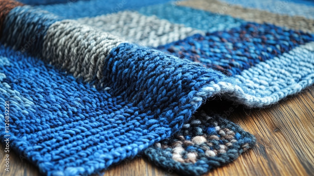 Poster knitted wool texture featuring diagonal and horizontal patterns in shades of blue on a wooden surfac