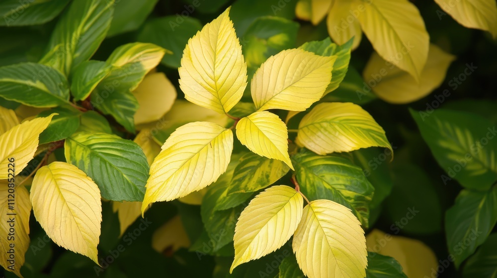 Poster Yellowing leaves signaling autumn with sunlight filtering through foliage creating a warm and inviting natural glow in a serene environment