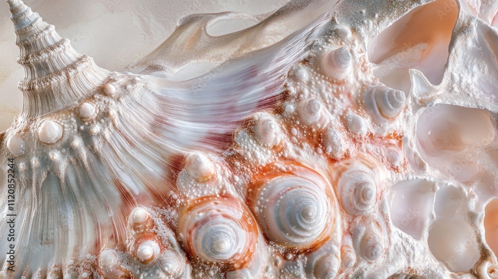 Poster detailed close-up of colorful conch shells with unique patterns against a soft white background