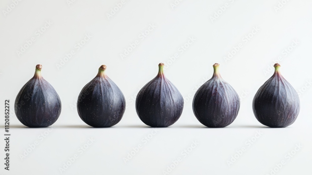 Poster fresh figs arranged in a line against a minimalistic white background showcasing their rich color an