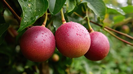 Obraz premium Vibrant close-up of fresh passion fruit with droplets on the skin hanging from green foliage in a garden setting