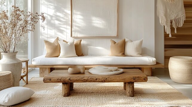 A cozy farmhouse sitting room with vintage wooden furniture, layered rugs in warm tones, soft cushions, and shiplap walls, illuminated by golden sunlight for a serene rustic ambiance,