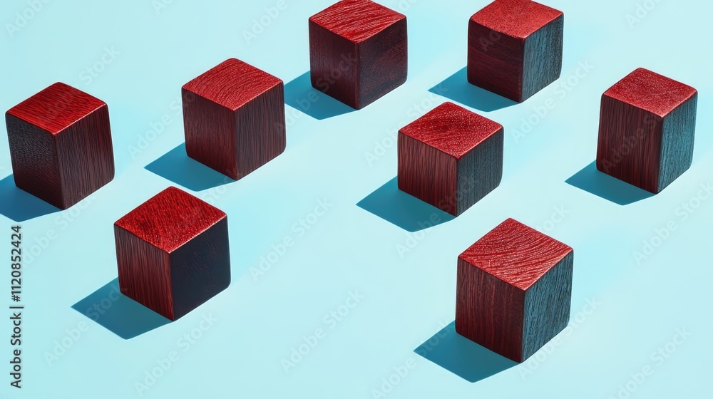 Poster stylized arrangement of red and black wooden cubes casting shadows on a light blue background for ar