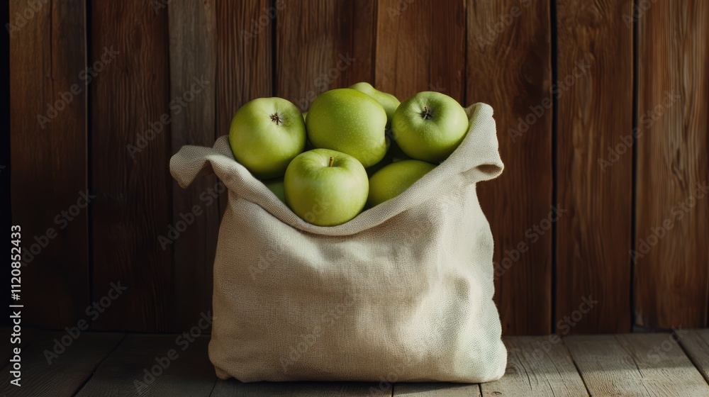 Poster fresh green apples in a rustic linen bag displayed on a wooden surface creating a natural and inviti