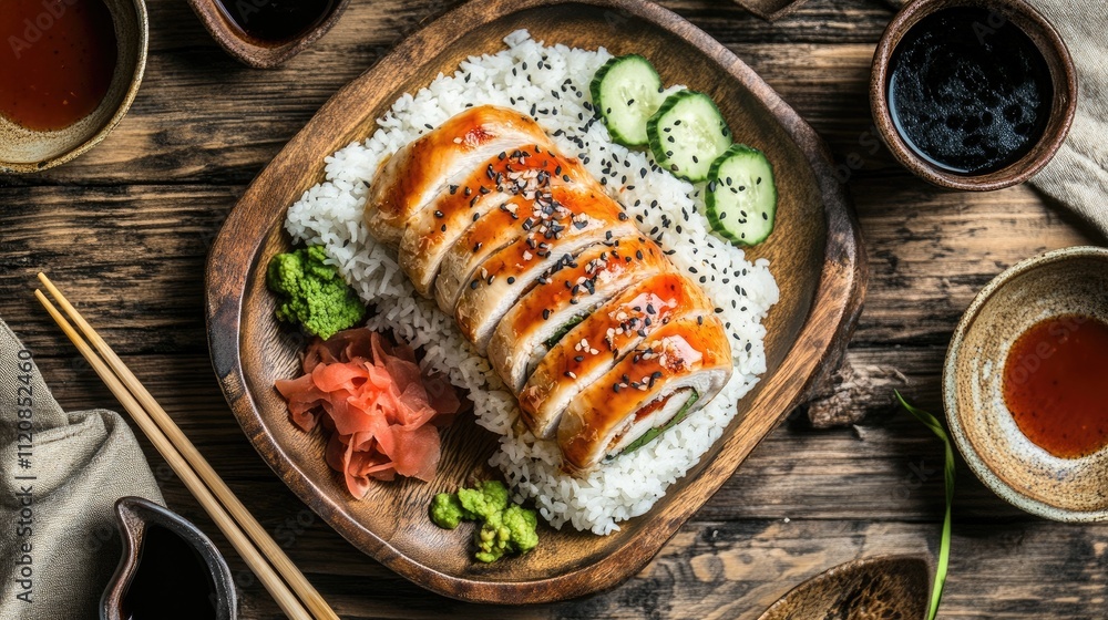 Poster delicious sushi roll on a bed of rice garnished with cucumber and condiments on rustic wooden table 