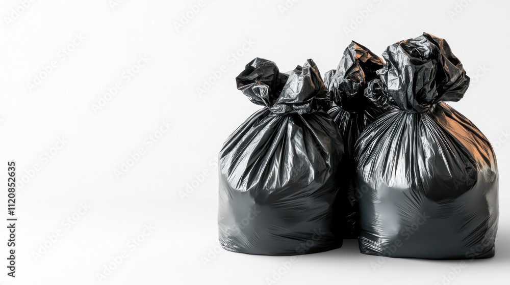 Poster black garbage bags neatly arranged against a white background emphasizing cleanliness and waste mana