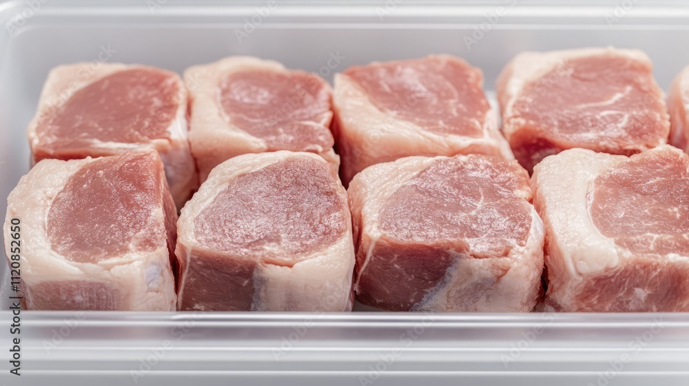 Poster Freshly cut pork chunks neatly arranged in a container, showcasing quality meat for the food industry and culinary preparation.