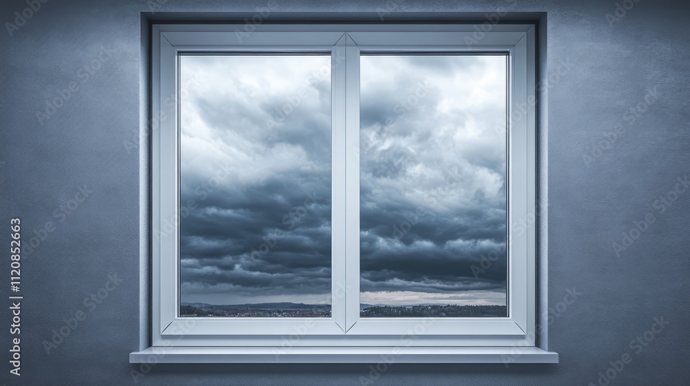Poster modern office window with reflections of a dramatic dark cloudy sky creating a moody atmosphere and 