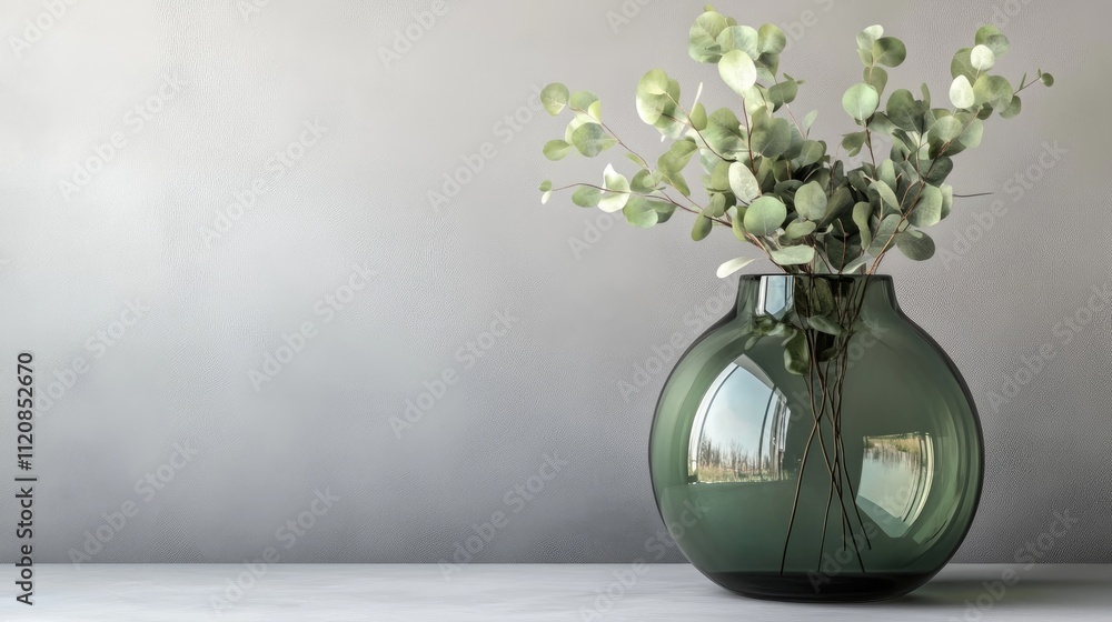 Poster Minimalist green vase with eucalyptus branches on soft grey background showcasing nature-inspired decor and empty space for design elements.