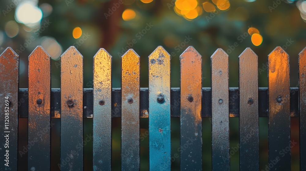 Poster vibrant metallic fence with a blurred bokeh background showcasing artistic reflections and texture i