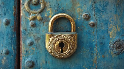 Golden padlock on a weathered blue door background symbolizing security and protection in a vintage style setting.