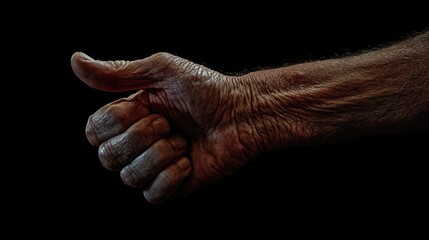 Fototapeta premium Old hand gesturing thumbs up symbolizing approval and encouragement against a black background showcasing textured skin details and aged features.