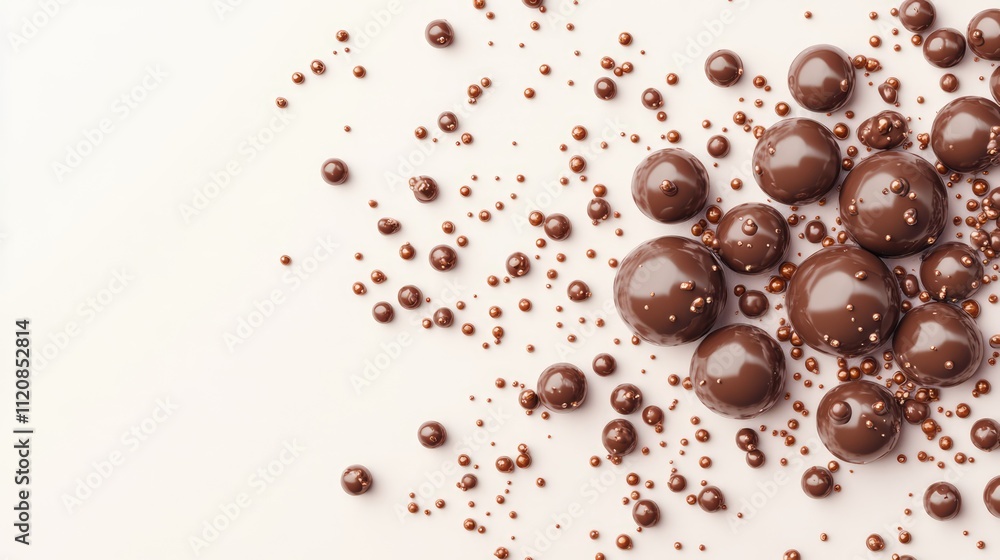 Poster chocolate bubble heap with shiny decorations on a soft light background for sweets and confectionery