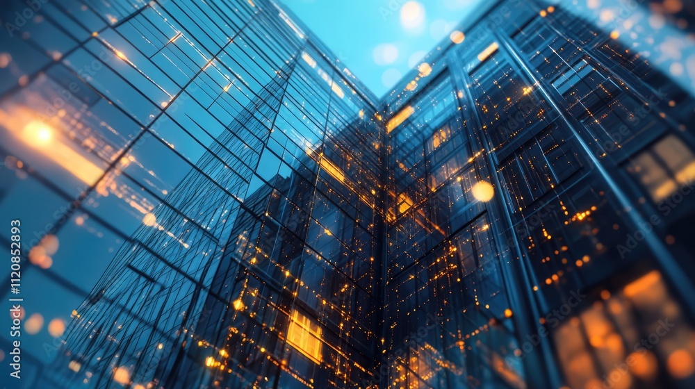 Poster Modern skyscraper with digital network overlay illuminated at dusk showcasing technology and architecture integration in urban landscape
