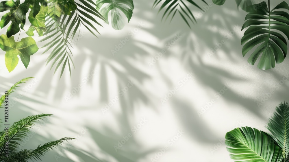 Poster tropical leaf shadows creating a serene pattern on a wall with a soft blurred background highlightin