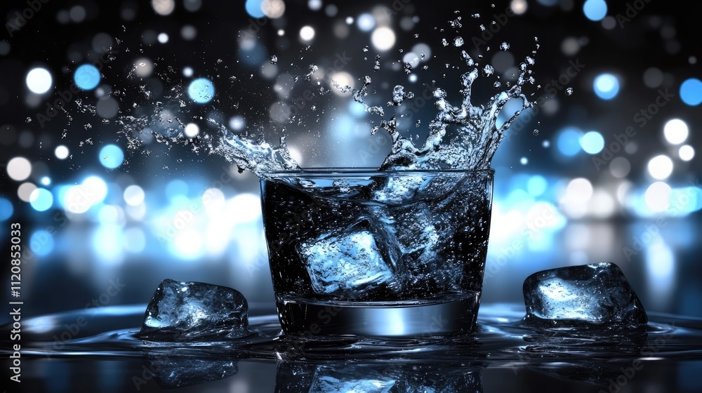 Poster Refreshing ice water splash in a glass with sparkling blue bokeh background for beverage and hydration concepts