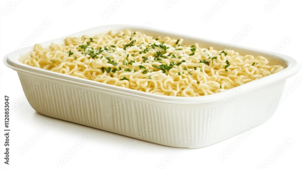 Poster instant noodles in a white rectangular container topped with herbs on a plain background ready for q