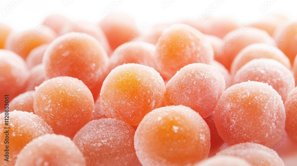 Aufkleber Peach bonbons arranged in a heap with soft focus on a white background showcasing their texture and color.