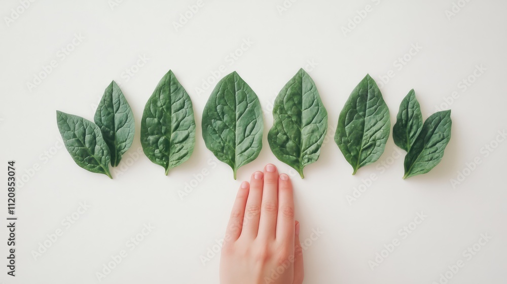 Poster fresh green spinach leaves displayed in a flat lay arrangement with a hand on a clean white backgrou
