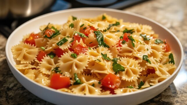 Fresh homemade farfalle pasta with tomato and basil served in a white bowl on a kitchen countertop.