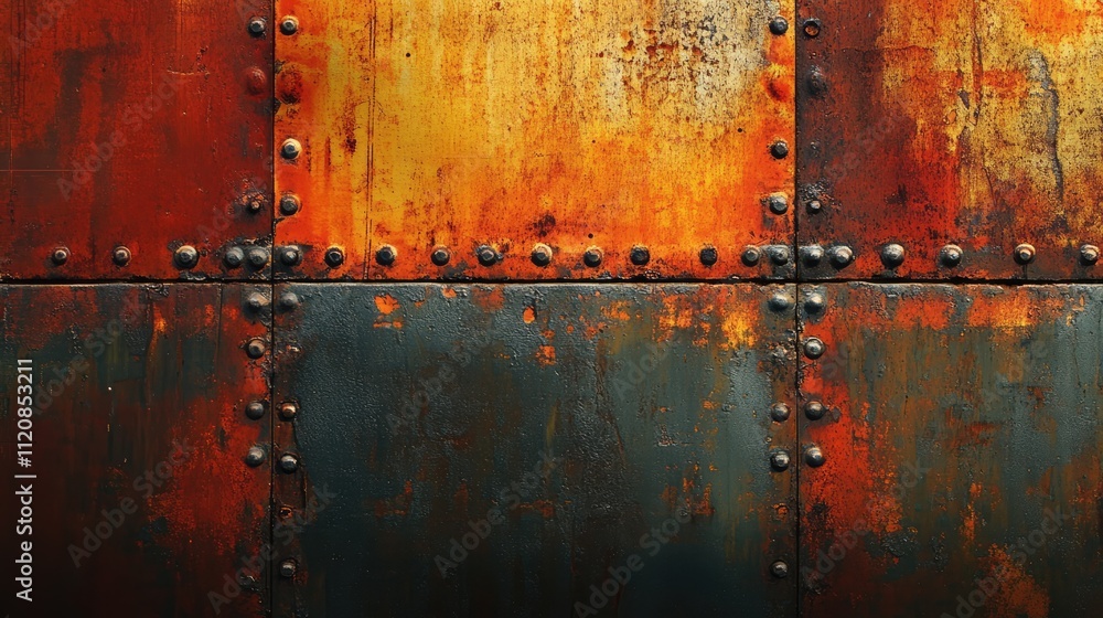 Poster rusty metal panel with rivets in grunge style showcasing an industrial background with vibrant orang