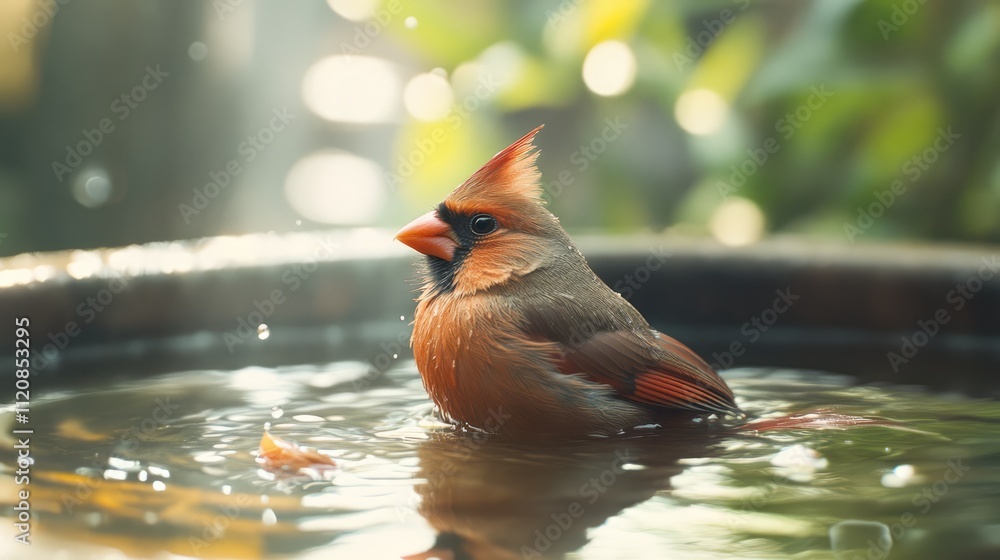 Poster Bird bathing in a serene puddle with soft sunlight illuminating the scene creating a tranquil nature moment.