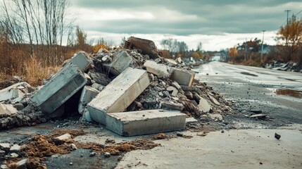 Fototapeta premium Concrete debris from road demolition piled high on mounds under a cloudy sky showcasing urban renovation challenges and remnant materials.