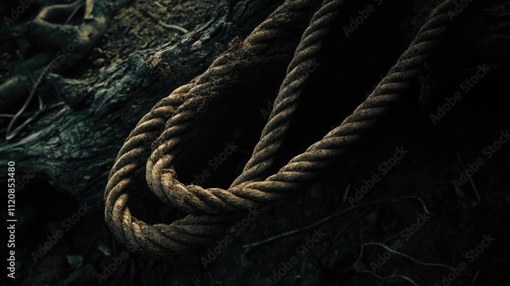 Aufkleber Rope Coiled in Dimly Lit Rustic Setting Creating an Atmosphere of Mystery and Intrigue