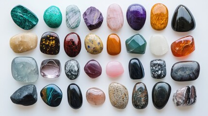 Natural Gemstone Collection on White Surface Showcasing Various Colors and Unique Textures of Polished Crystals
