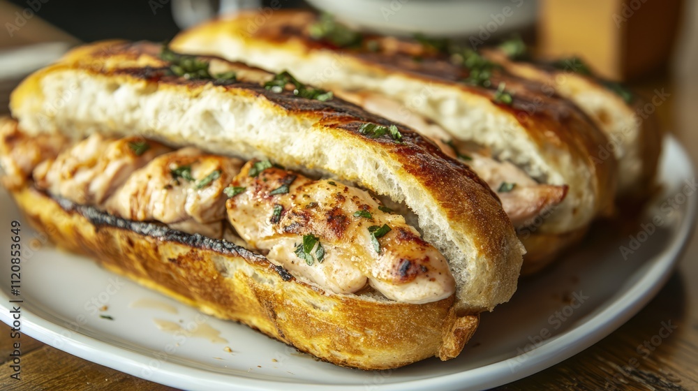 Poster grilled chicken and fish bread sandwich served on a plate with herbs and seasonings in a rustic sett