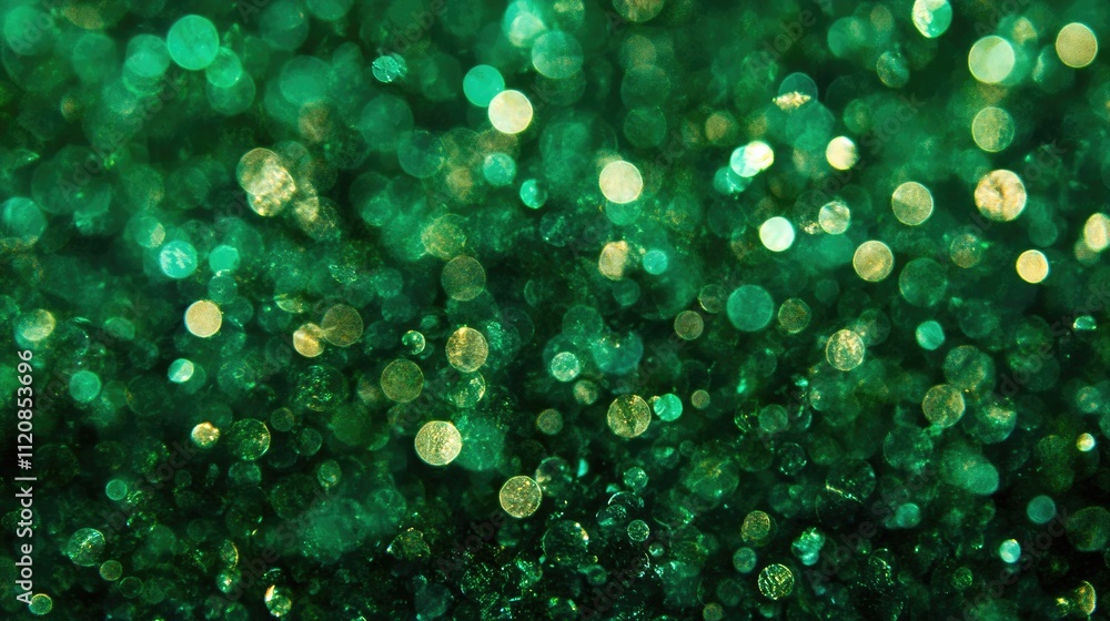Poster Green bokeh background featuring shimmering lights and textures ideal for nature and abstract themes in design projects.