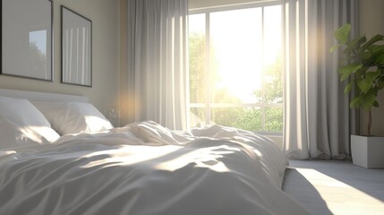 Minimalistic modern bedroom with white satin bedding morning sunlight illuminating a serene space with grey curtains and natural greenery outside
