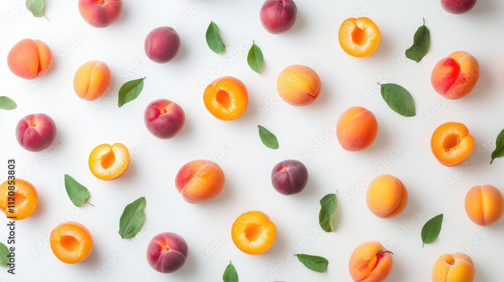 Poster assorted ripe apricots and nectarines arranged artfully with green leaves on a clean white backgroun