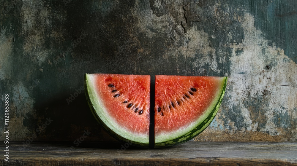 Poster Half a watermelon fruit with fresh slices displayed on a rustic wooden table against a textured background