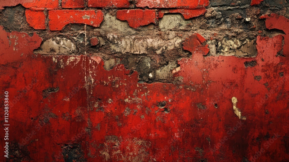 Poster weathered red brick wall with peeling paint and a grunge texture ideal for background designs and ar