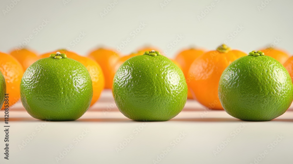Poster fresh green mandarins arranged with vibrant oranges on a neutral background showcasing unique textur