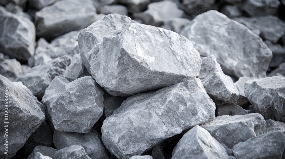 Poster gray limestone rocks piled for mining and construction use showcasing texture and ruggedness in natu