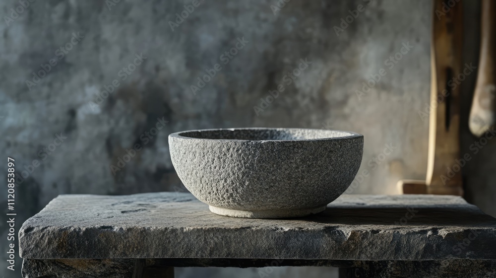 Poster Grey stone mortar on rustic table in a dimly lit environment showcasing texture and simplicity in home decor and culinary use.