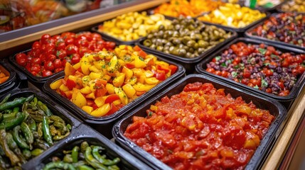 Colorful array of fresh produce and prepared vegetables at Mercadona supermarket in Malaga Spain showcasing local culinary offerings