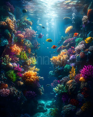 Vibrant coral reef teeming with colorful fish and diverse marine life.