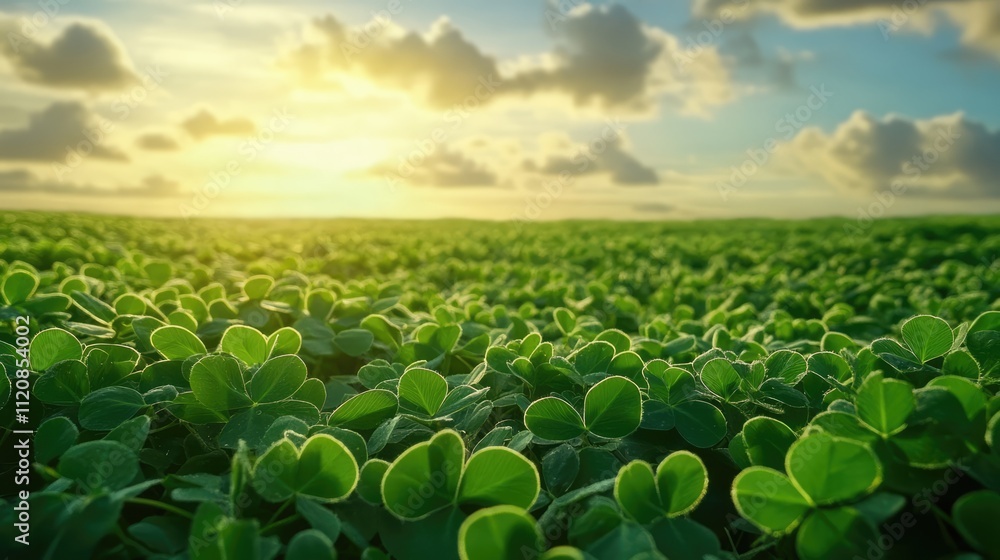 Poster Clover field at sunset with warm light and clouds over Northern Bohemia creating a serene and calming landscape under a blue sky