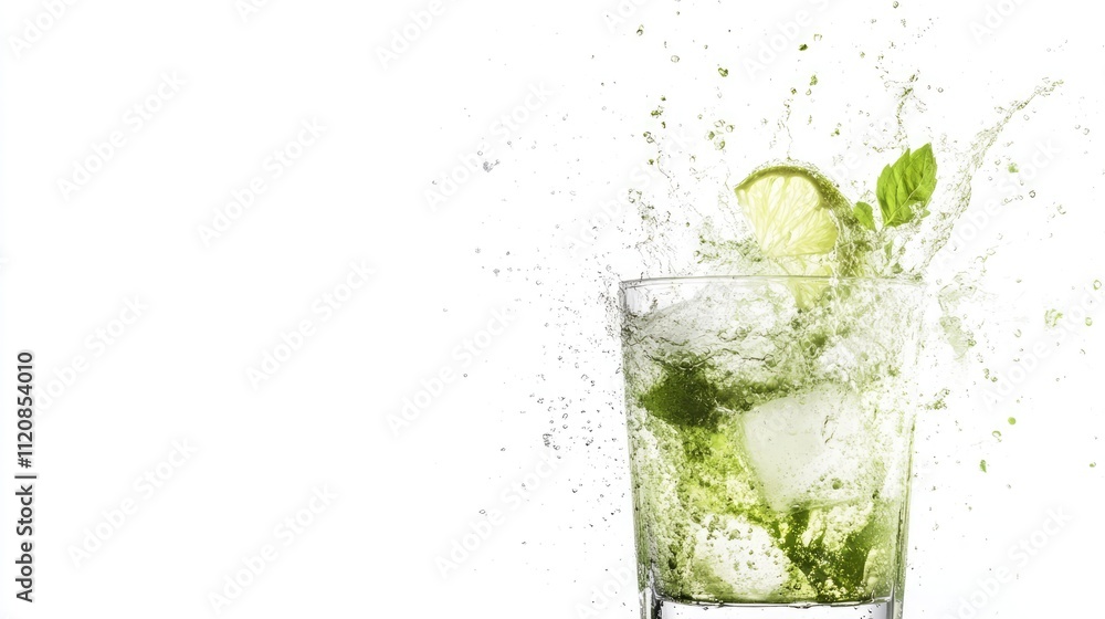 Poster green cocktail splash with lime and mint from a glass on white background showcasing refreshing beve